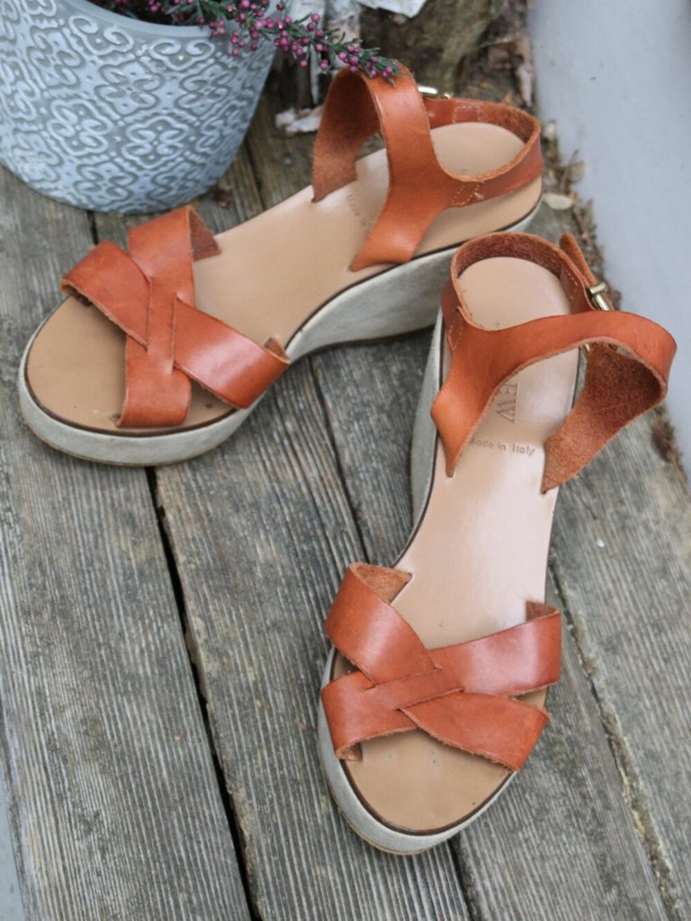J CREW Italy Cognac Tan Leather Crisscross Suede Wrapped Wedge Strappy Sandals 6